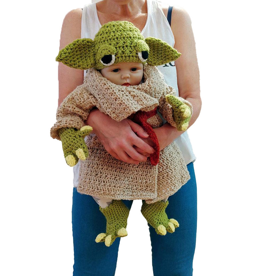 Yoda Style Newborn Infant Baby Photography Prop Crochet Knit Costume Set Handmade Toddler Cap Outfits for Baby Shower Gift (12)