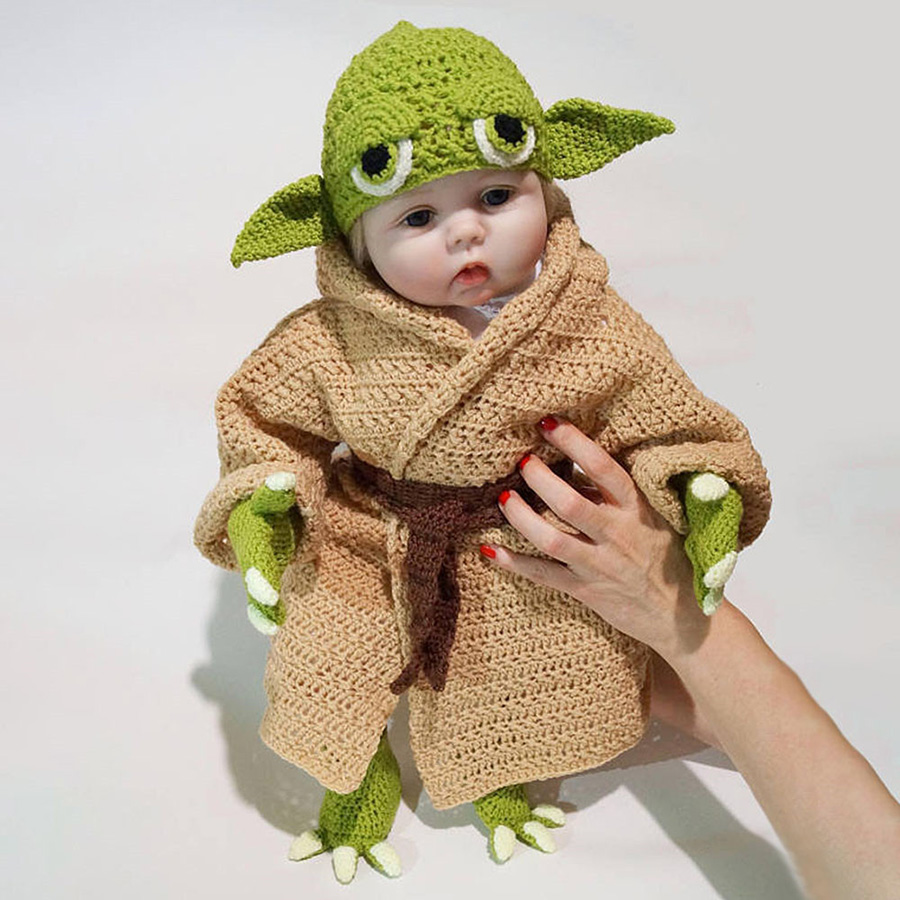 Yoda Style Newborn Infant Baby Photography Prop Crochet Knit Costume Set Handmade Toddler Cap Outfits for Baby Shower Gift (5)
