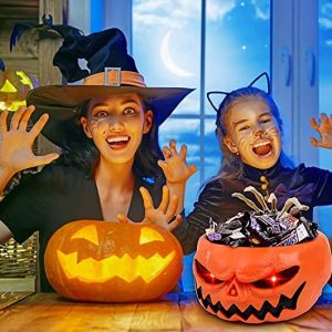 Pumpkin Candy Bowl With Creepy Moving Skeleton Hand