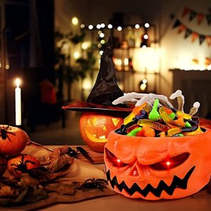 Pumpkin Candy Bowl With Creepy Moving Skeleton Hand