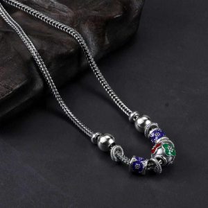 Vintage Enameling Beads Real 925 Sterling Silver Necklace