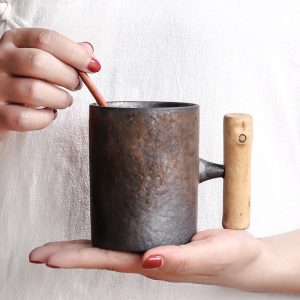 Vintage Ceramic Coffee Mug With Wood Handle