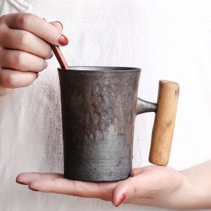 Vintage Ceramic Coffee Mug With Wood Handle