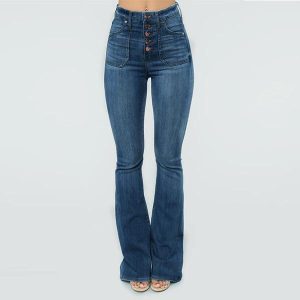 70S High Rise Stretchy Buttons Bell Bottom Jeans