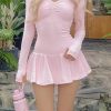 Pink Sweet Ruched Mini Dress With Ruffled Hem And Long Sleeves