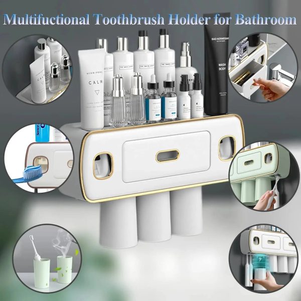 Magnetic Adsorption Inverted Toothbrush Holder With Automatic Toothpaste Squeezer Dispenser - Bathroom Accessories Set