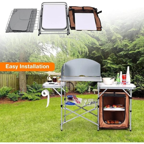 Folding Grill Table With 26'' Tabletop And Detachable Windscreen, Aluminum Portable Camp Cook Station Carry Bag Quick Set-Up, Bbq Camping Picnic Backyard Outdoor Camping Kitchen Table (Brown)