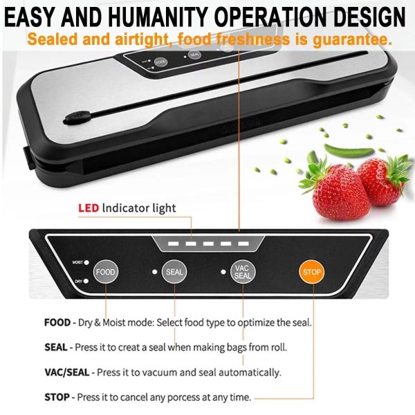 Food Vacuum Sealer With 2 Rolls Of Vacuum Sealer Bags, Dry & Moist Food Modes, Led Indicator Lights, Easy-To-Clean Design