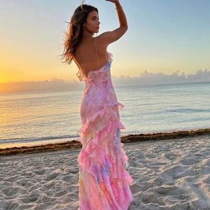 Women'S Chic Colorful Ruffle Sling Dress- Sexy V-Neck Sleeveless Long Beach Dress