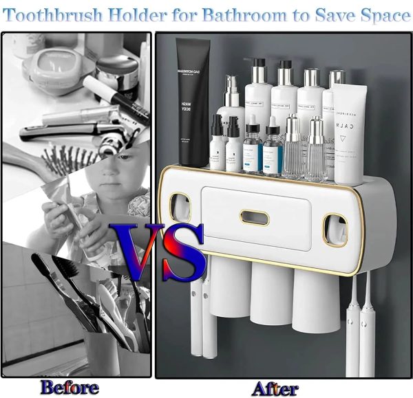 Magnetic Adsorption Inverted Toothbrush Holder With Automatic Toothpaste Squeezer Dispenser - Bathroom Accessories Set