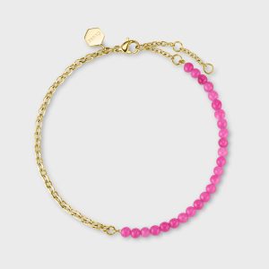 Essentielle Anklet With Mixed Chain And Pink Beads, Gold Color