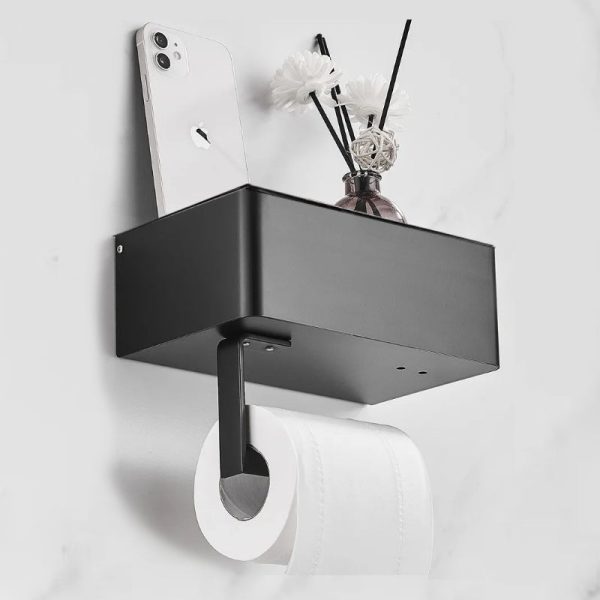 Black Elegance Guard: A Sophisticated Matte Black Toilet Roll Holder Featuring A Smart Storage Compartment.