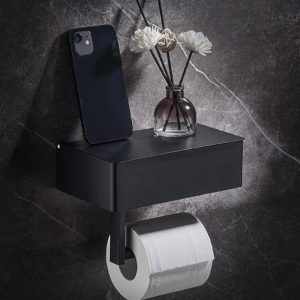 Black Elegance Guard: A Sophisticated Matte Black Toilet Roll Holder Featuring A Smart Storage Compartment.