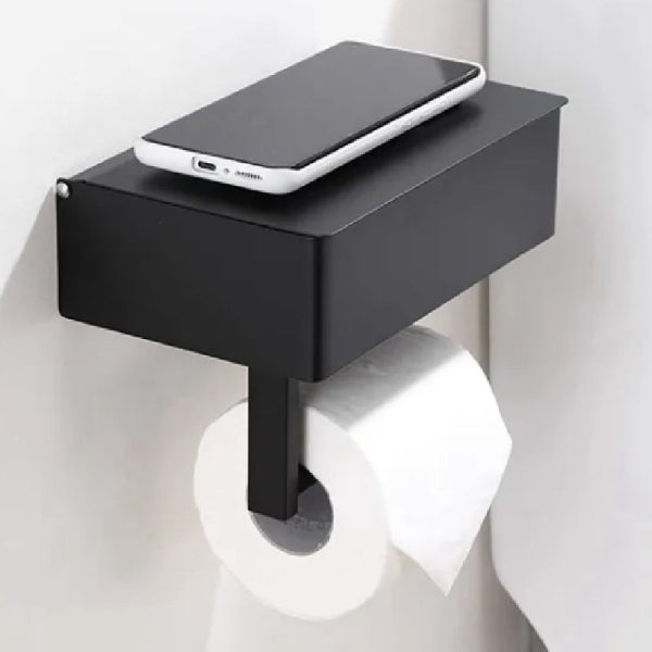 Black Elegance Guard: A Sophisticated Matte Black Toilet Roll Holder Featuring A Smart Storage Compartment.