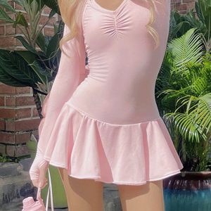 Pink Sweet Ruched Mini Dress With Ruffled Hem And Long Sleeves