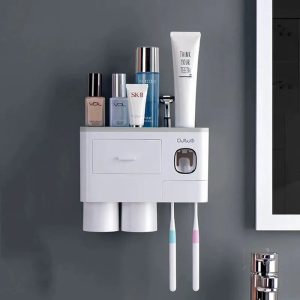 Magnetic Adsorption Inverted Toothbrush Holder With Automatic Toothpaste Squeezer Dispenser - Bathroom Accessories Set