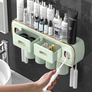 Magnetic Adsorption Inverted Toothbrush Holder With Automatic Toothpaste Squeezer Dispenser - Bathroom Accessories Set