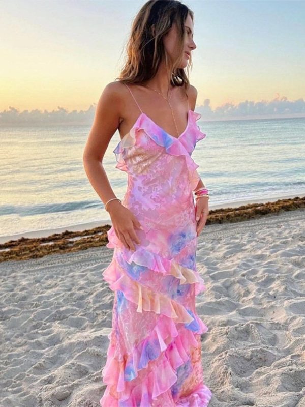 Women'S Chic Colorful Ruffle Sling Dress- Sexy V-Neck Sleeveless Long Beach Dress