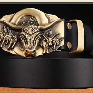 Cowhide Leather Belt With Bull Copper Buckle