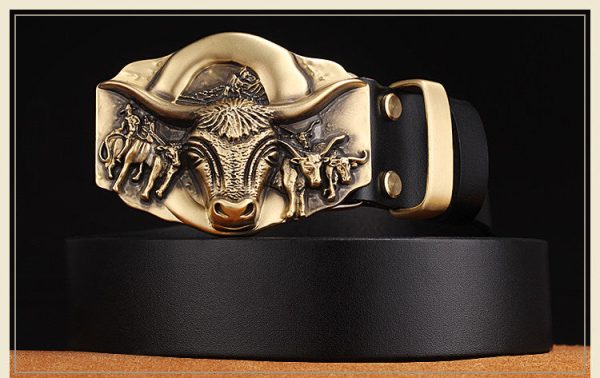 Cowhide Leather Belt With Bull Copper Buckle