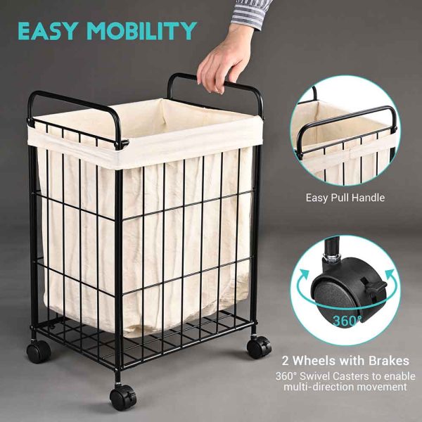 Rolling Laundry Basket Metal Canvas Clothes Hamper