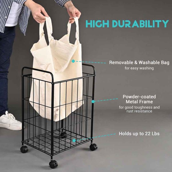 Rolling Laundry Basket Metal Canvas Clothes Hamper