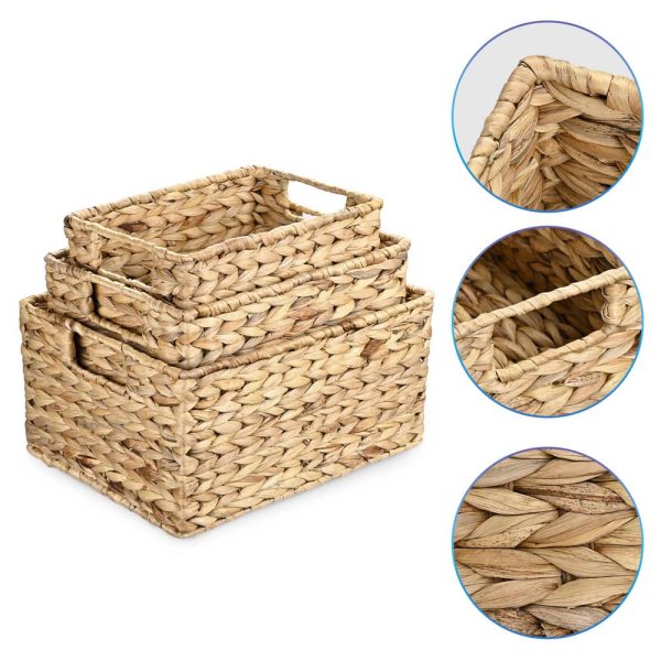 Wicker Baskets Water Hyacinth Bin With Handles 3Ct/Pack