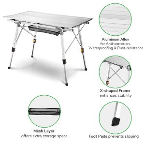 Aluminum Folding Camping Table Rollup Adjustable Height