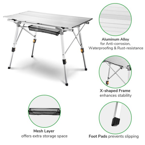 Aluminum Folding Camping Table Rollup Adjustable Height