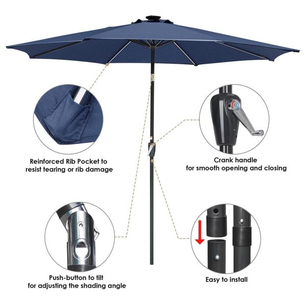 Solar Patio Umbrella Tilt Table Umbrella W/ Lights 9Ft 8-Rib