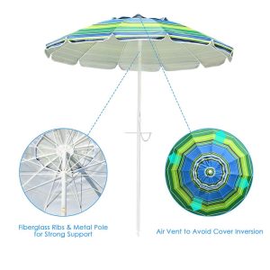 7Ft Tilt Beach Umbrella With Anchor 12-Rib