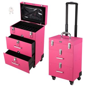 Rolling Makeup Case Nail Artist Case With Drawers Pink