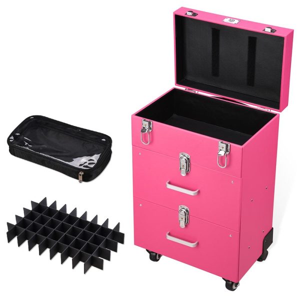 Rolling Makeup Case Nail Artist Case With Drawers Pink