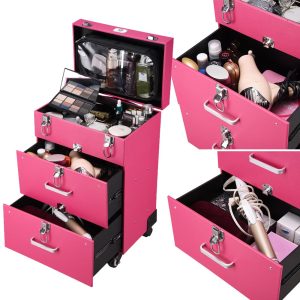 Rolling Makeup Case Nail Artist Case With Drawers Pink