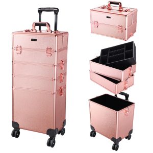 Rose Gold Rolling Makeup Case On Wheels Lockable 4 In 1