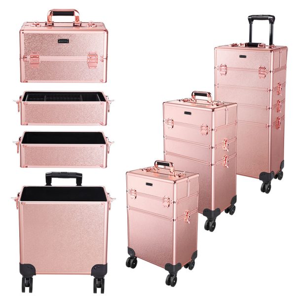 Rose Gold Rolling Makeup Case On Wheels Lockable 4 In 1