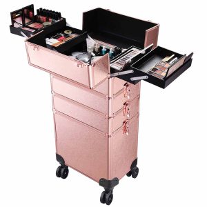 Rose Gold Rolling Makeup Case On Wheels Lockable 4 In 1