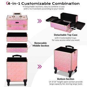 Pro 4In1 Rolling Makeup Case Cosmetic Trolley W/ Key Lock