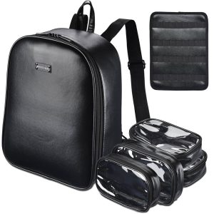 Black Leather Makeup Backpack Lightweight For Makeup Artist