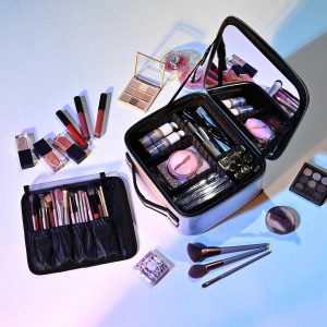 Iridescent Makeup Case With Mirror Brush Holder