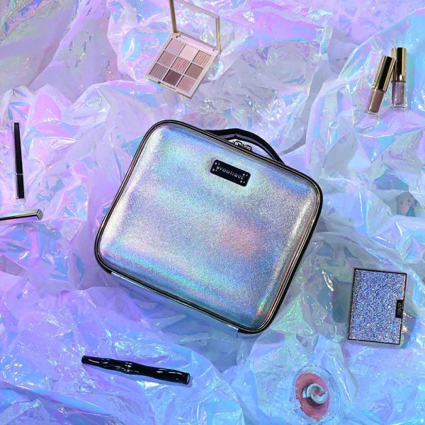 Iridescent Makeup Case With Mirror Brush Holder