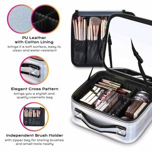 Iridescent Makeup Case With Mirror Brush Holder