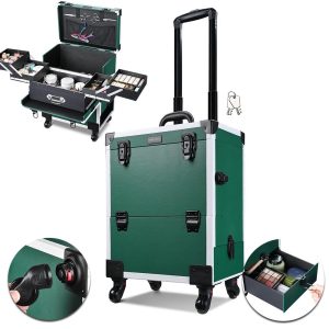 Rolling Makeup Case With Trays & Drawer Forest Green