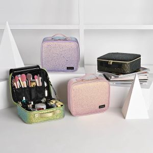 Glitter Makeup Case Brush Organizer With Lid & Dividers