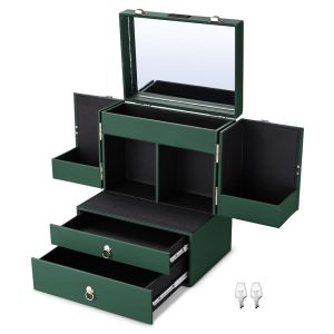 Vintage Makeup Case With Drawers Mirror Forest Green