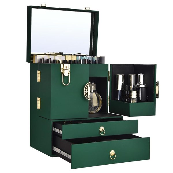 Vintage Makeup Case With Drawers Mirror Forest Green