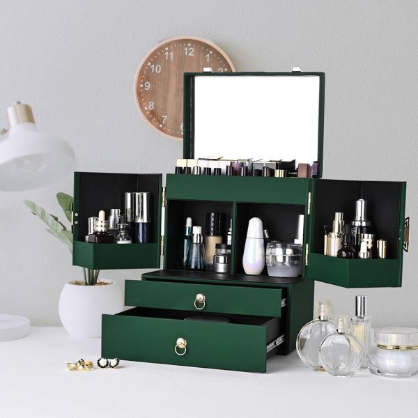 Vintage Makeup Case With Drawers Mirror Forest Green