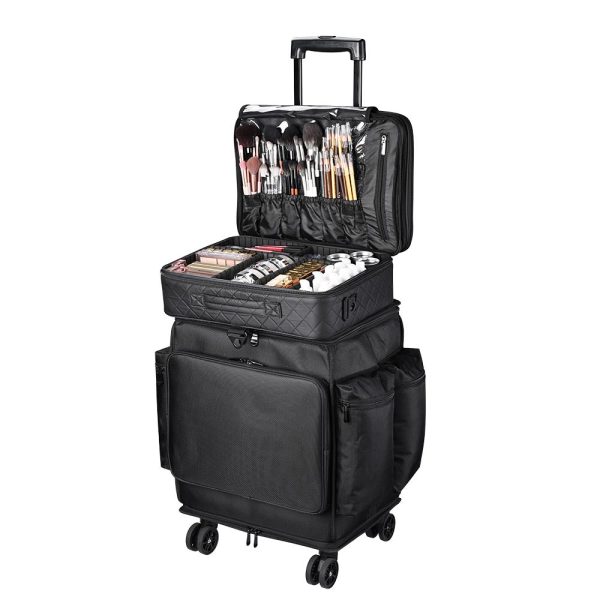 Rolling Hairstylist Travel Bag With Quilted Makeup Train Case