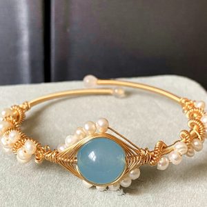 14K Gold Wrapped Hailan Baohai Sapphire Natural White Pearl Bracelet