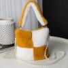 Checkerboard Plush Bucket Bag With Pearl Chain Design